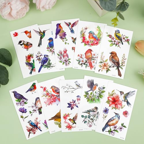 Konsait Bird Temporary Tattoos for Kids - 10 Sheets Hummingbird and Flower Fake Tattoos for Party Favors