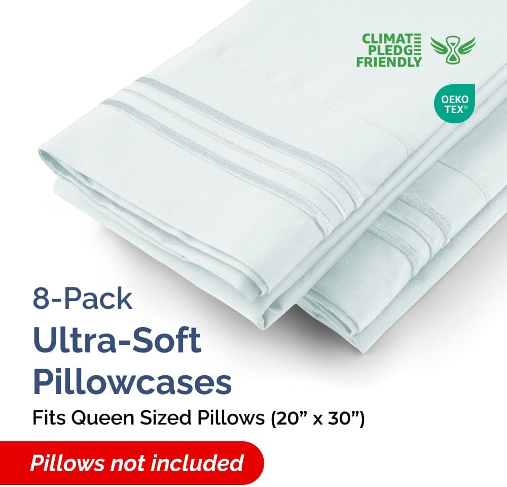 Queen Pillow Cases by [Brand Name] - Ultra Soft Hotel Quality Covers | Wrinkle-Free & Fade Resistant - 8 Piece Set in Ice Blue