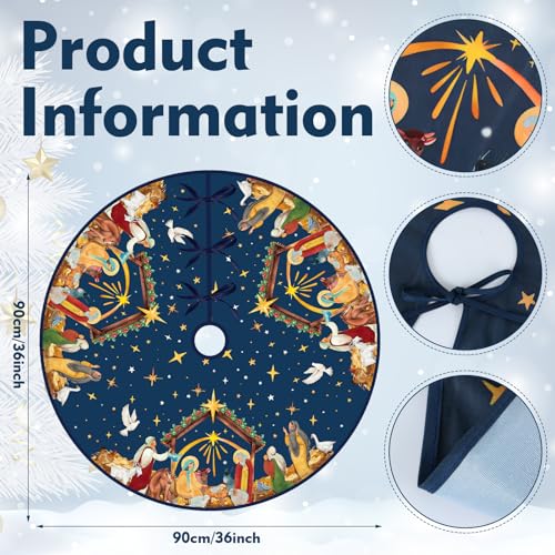 Religious Jesus Nativity Scene Christmas Tree Skirt 36 Inch Navy Blue Holiday Decor