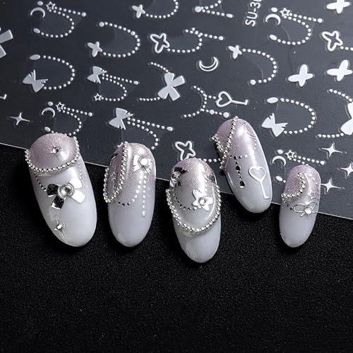 FOXIIU 6 Sheets Silver Nail Art Stickers, 3D Self-Adhesive Moon Star Floral Decals