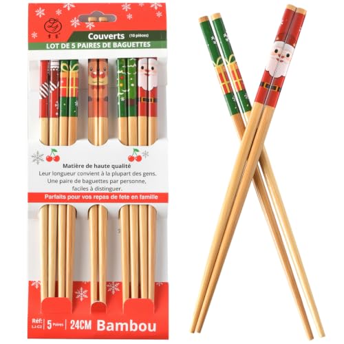 Colorful Christmas Cartoon Bamboo Chopsticks - 5 Pairs Reusable & Dishwasher Safe Gift