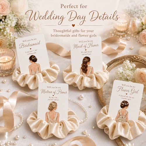 Bridesmaid Proposal Set with Satin Scrunchies and Cards, Champagne