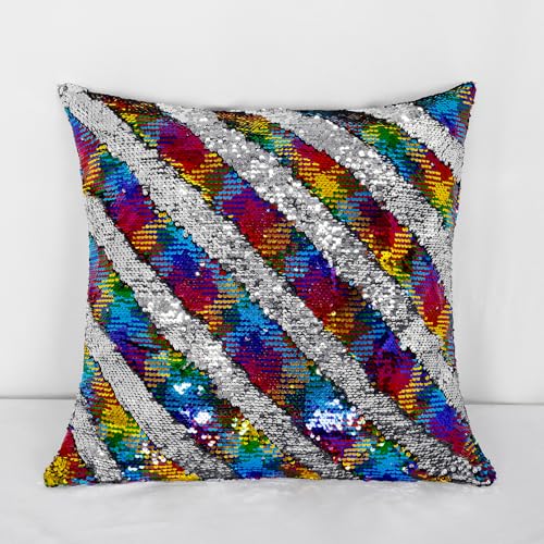 Rainbow to Silver Reversible Sequin Pillow Cover 16x16 Inch