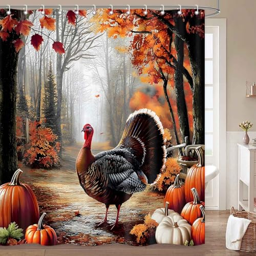 Thanksgiving Turkey Shower Curtain - 71 x 71 Inch Red Fabric Set