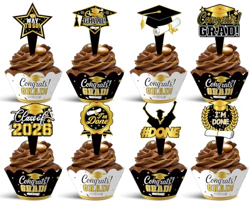 2025 Graduation Cupcake Toppers & Wrappers - Black Gold Set