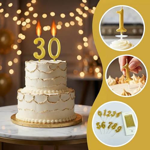38PCS Gold Number Birthday Candles Set for Cake Decoration