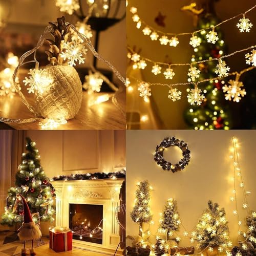 Christmas Snowflake Lights 20ft 40LED Warm White 8 Modes Battery Operated with Remote