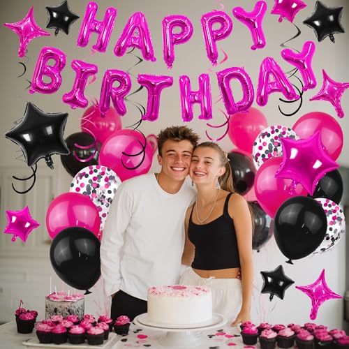 56-Piece Happy Birthday Balloon Set in Rose Red & Black