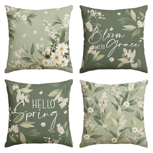 AVOIN colorlife 18x18 Inch Spring Daisy Throw Pillow Covers Set of 4 - White & Green Decorative Cushion Cases