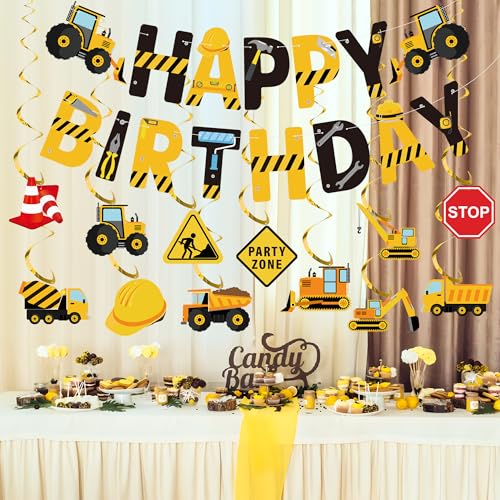 Construction Birthday Party Decorations - 27 Pcs Happy Birthday Banner & Hanging Swirls