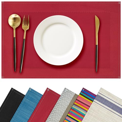 Red Placemats Set of 4 - 12x18 Inch Faux Linen Table Mats - Carethos