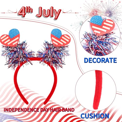 4th of July USA Flag Star Bow Headband with Tinsel Red White Blue