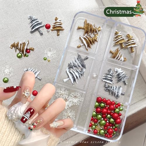 3D Christmas Nail Art Charms Set - Winter Snowflake & Tree Resin Gems