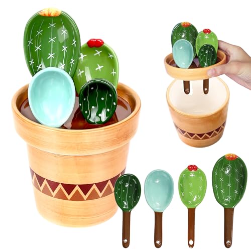 Ceramic Cactus Measuring Spoons Set - Blue & Green, 4 Sizes Kitchen Organizer