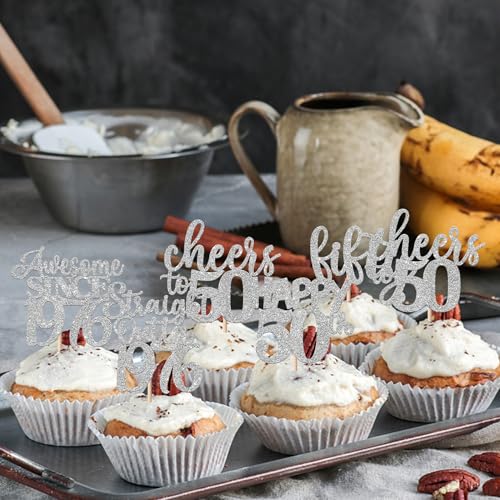 50th Birthday Cupcake Toppers Silver Glitter 30 Pack Cake Decorations