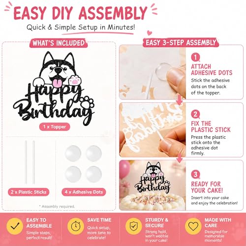 Husky Cake Topper - Black Glitter Birthday Decorations for Kids