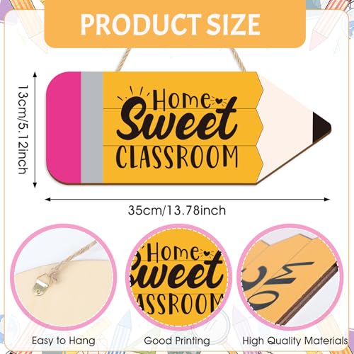 Clothmile Pencil-Shaped Wooden Door Sign - Home Sweet Classroom Decor, 13.8x5.1 Inch, Back to School Wall Hanger, Classroom & Porch Door Decor (Variation: Pencil)