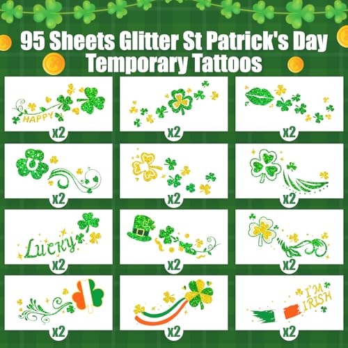 St. Patrick's Day Glitter Temporary Tattoos - 95 Styles Shamrock Fake Tattoos