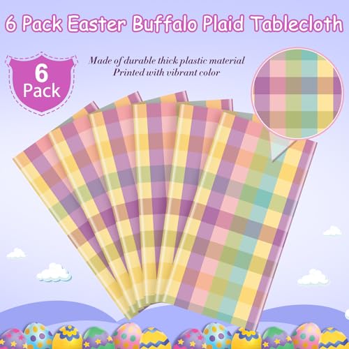 6 Pack Easter Buffalo Plaid Tablecloths - 54x108 Inches, Purple Green Yellow