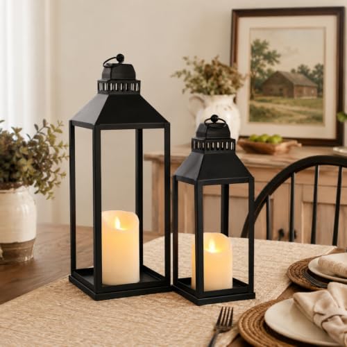 Black Decorative Lanterns Indoor Outdoor Set of 2 - 17 and 13 Inches with Candles - Square Top