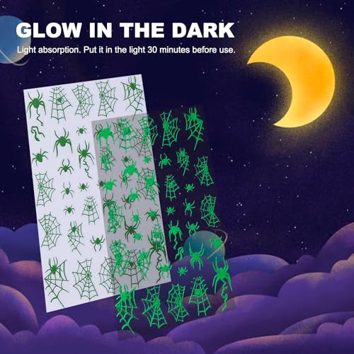 IDDFEVE Halloween Glow-in-the-Dark Nail Stickers, 3D Skeleton & Spider Web Decals - 4 Sheets