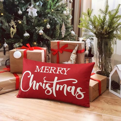Artscope Merry Christmas Lumbar Pillow Cover 12x20 Inch - Red