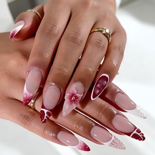 Tephrent 3D Flower Press on Nails Almond Red French Tip False Nails
