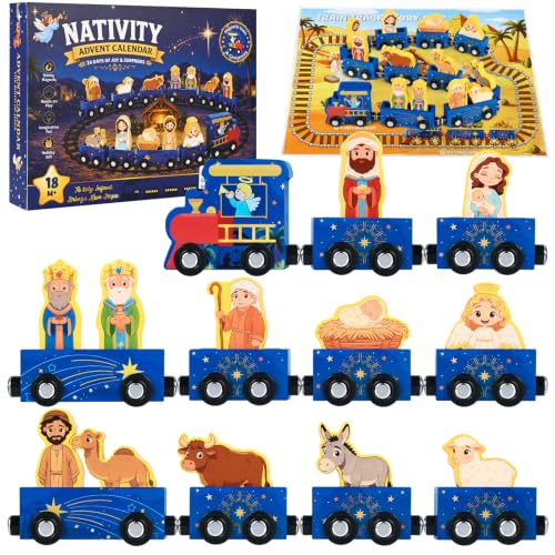 Nativity Train Advent Calendar for Kids and Toddlers, Wooden Holiday Countdown
