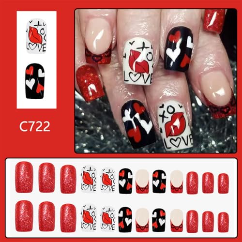 Valentine's Day Red French Tip Press on Nails Short Square Fake Nails