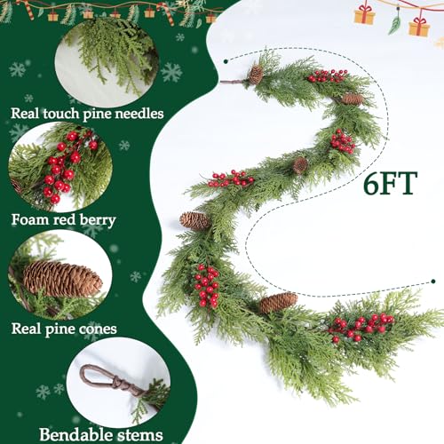 Artificial Pine Garland 6 Feet with Pinecones & Berries - Christmas Decor, Pine Mix