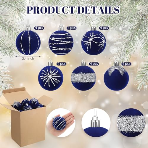 24 Pcs Royal Blue Velvet Glitter Christmas Ornaments Shatterproof Balls
