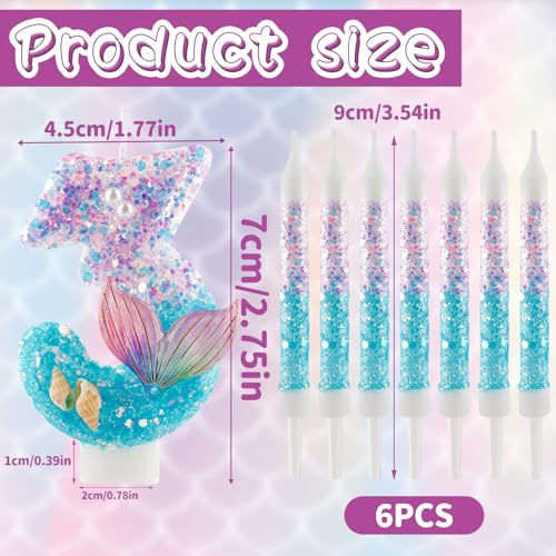 HUIYOULAI Mermaid Number 2 Birthday Candle Set with 6 Tall Candles
