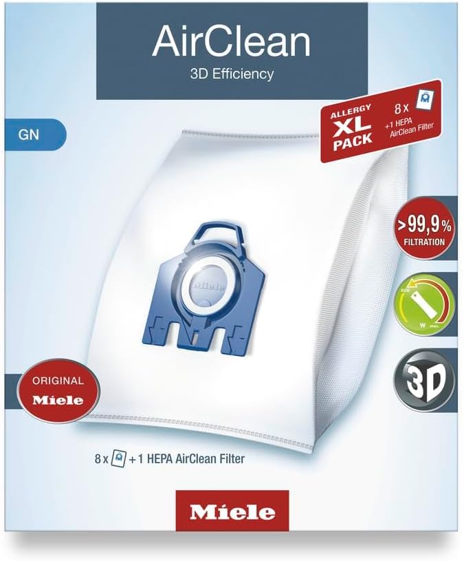 Miele AirClean Type GN Dust Bags - Allergy XL-Pack with 8 Bags, 2 Pre-Motor Filters & 1 HEPA Filter