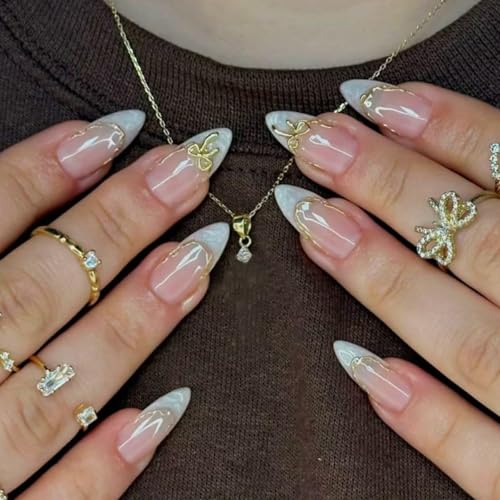 French Tip Press on Nails Medium Almond 3D Bow Fake Nails Kit