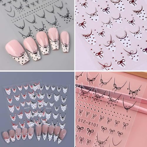 French Nail Stickers 6 Sheets Self-Adhesive Red Black Bow Heart Decals