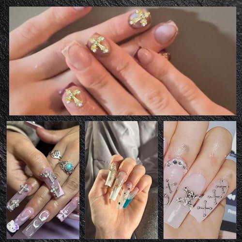 ZUMILLMN 90pcs 3D Cross Nail Charms with Crystal Rhinestones and Pearls