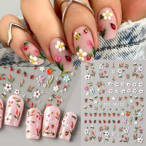 Brtavizvy 5D Embossed Flower Nail Art Stickers - Spring Floral & Leaf Decals with Tweezer
