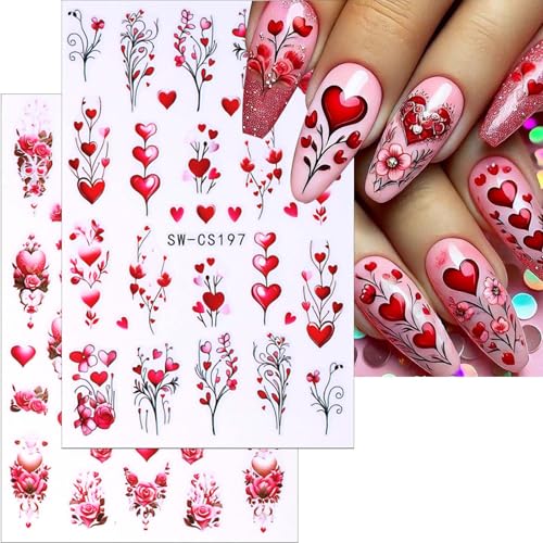Valentine Nail Art Stickers 6 Sheets Wine Red Heart Rose Decals