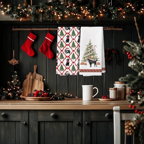 Mj Preppy Christmas Dog Kitchen Towels - Black Lab Holiday Dish Hand Towels Set of 2
