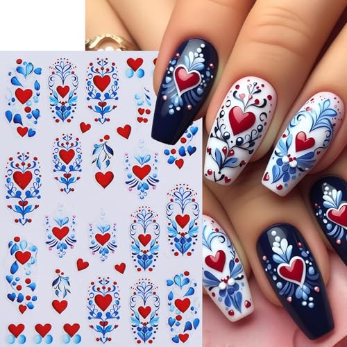SHUXILIN 8 Sheets Red Heart Bow Nail Art Stickers Self-Adhesive 3D Decals