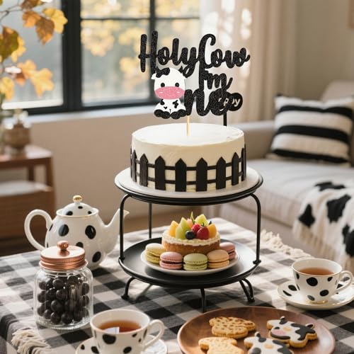 Holy Cow I'm One Cake Topper - Black Glitter Farm Theme