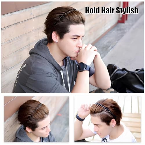 Metal Hair Bands for Men 2 Pack, Non-Slip Wave Headbands Black