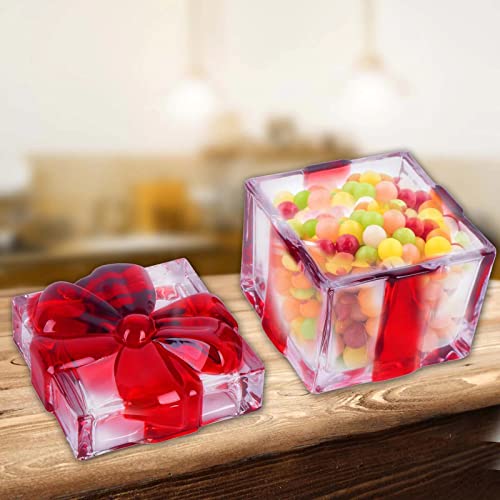 Red Square Crystal Candy Dish with Bowknot Lid, Glass Christmas Decor - 1 Pack