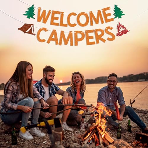 Welcome Campers Banner - Orange Glitter Camping Party Decor