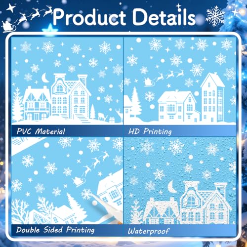 Christmas Village Window Clings Set - Extra Large Snowflake & Elk Design, 2 Sheets, White Theme