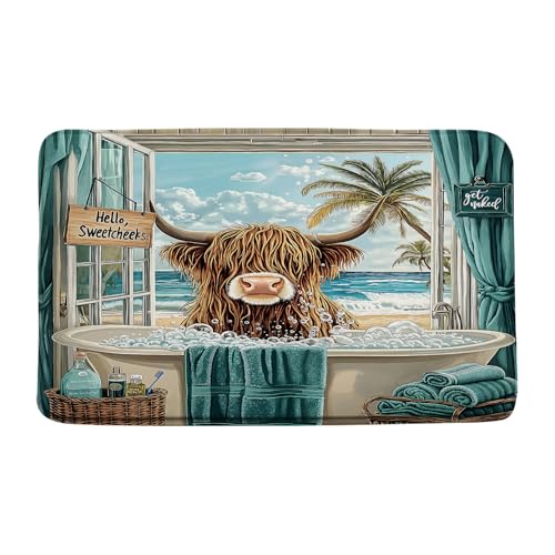 Highland Cow Bath Mat, Blue Ocean Farm Animal Memory Foam Rug, 17.8x29.5 In
