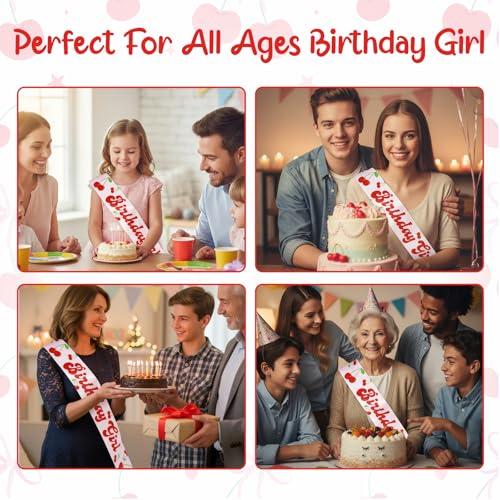 Thinp Cherry Birthday Girl Sash - Pink Satin with Red Cherry Pattern