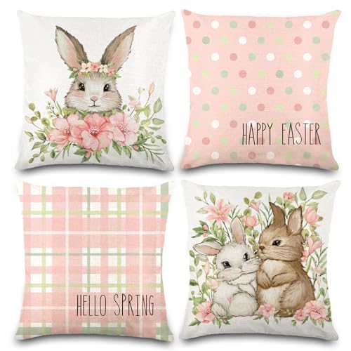 YUJUN Easter Pillow Covers - 18x18in Rabbit & Flower Design, 4 Pack