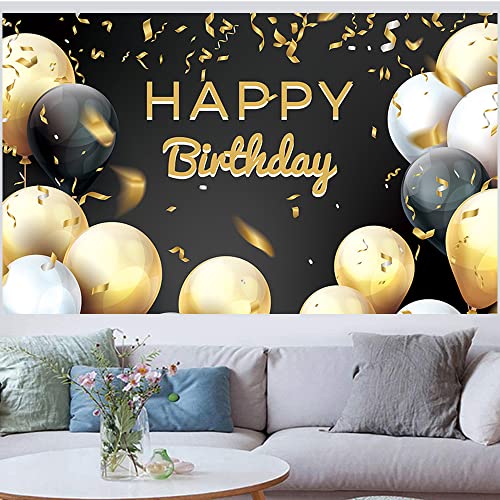 Happy Birthday Backdrop Banner - Black and Gold Party Decoration