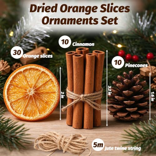 Dried Orange Slices & Pinecones Christmas Ornaments Set with Cinnamon & Hemp Rope
